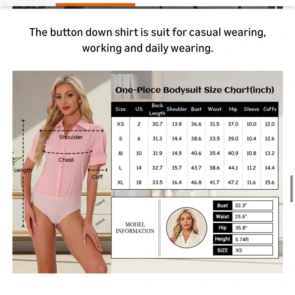 Allegra K Women's Bodysuit Button Down Collared Short Sleeve  S 845-11 - Picture 6 of 8